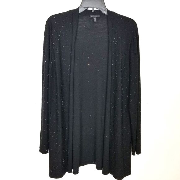 Eileen Fisher 100% Merino Wool Sparkle Open Front Cardigan Sz L Black Lagenlook - Picture 1 of 8